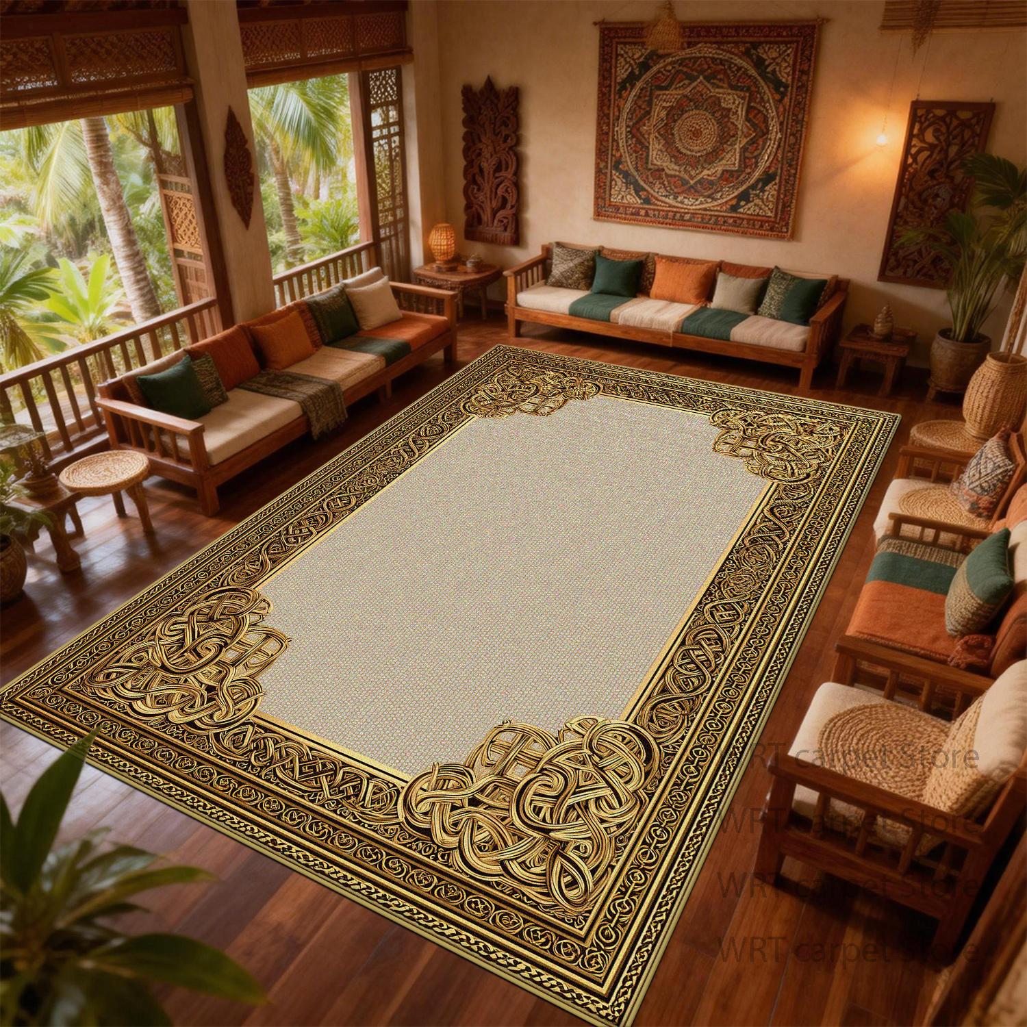 

Bohemian Retro Style Decoration Carpet for Living Room Golden Striped Non-slip Soft Large Rugs Bedroom Dining Room Home Foot Mat 60x90cm