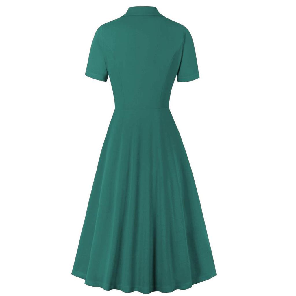 50er-Jahre-Swing-Kleider, Reverskragen, kurze Ärmel, Knopfreihe, Arbeit, Business, Büro, Dame, Midi-Kleid, Damen-Freizeit-Outfit