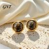 Soft Color Resin Studs 1 Pair Gemstone Stud Earrings for Women, Gold Plated Round Natural Slimming Face Shape Healing Stone Earrings, Stainless Steel