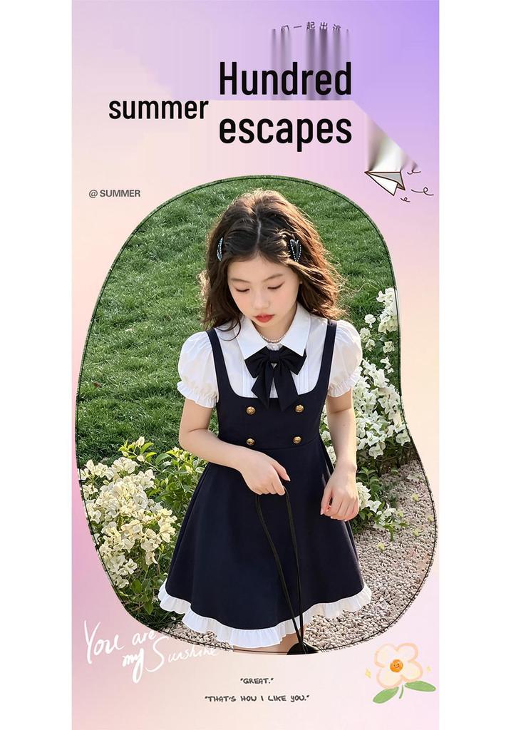Elegante Vestito Estivo da Bambina con Fiocco e Gonna a Camicia a Maniche Corte