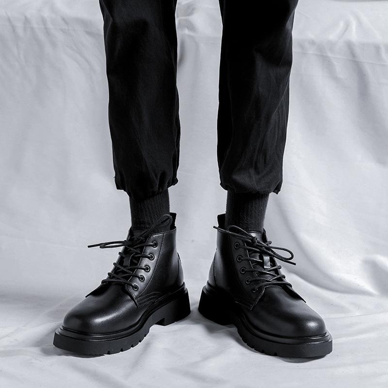 Black Mid-Top Martin Boots Men'S Handsome Autumn British Locomotive Ins Leather Shoes Hong Kong Style Couple Tooling Boots 86232-F