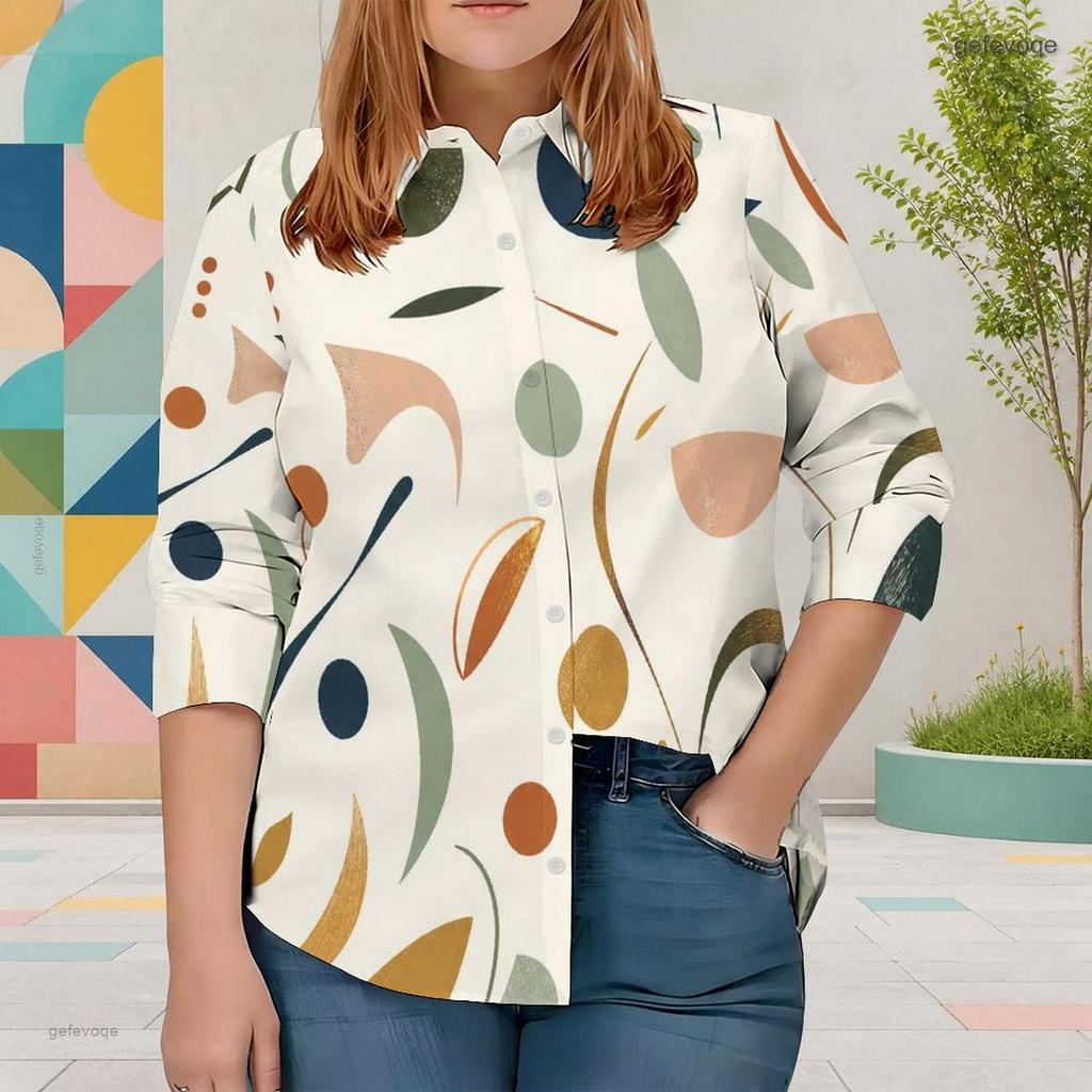 Women Plus Size Collared Long Sleeve Geometric Printed Button Front Shirt