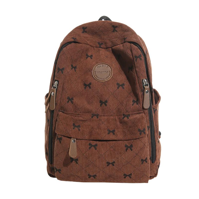 Cute Bow Print Corduroy Backpack for Women Casual Daypack Travel School Bag with Multi Pockets
