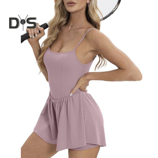 Women's Sleeveless Tennis Dress Summer Pleated Yoga Workout Mini Dresses with Built-in Shorts Spaghetti Strap Athletic Romper Short Sundress