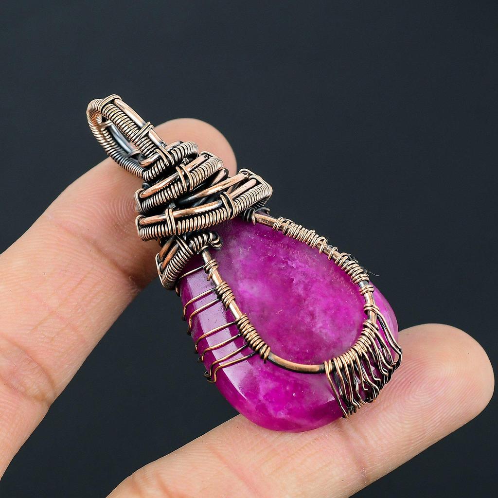 Kashmiri Red Ruby Gemstone Handmade Pure Copper Wire Wrap Jewelry Pendant For Thanksgiving