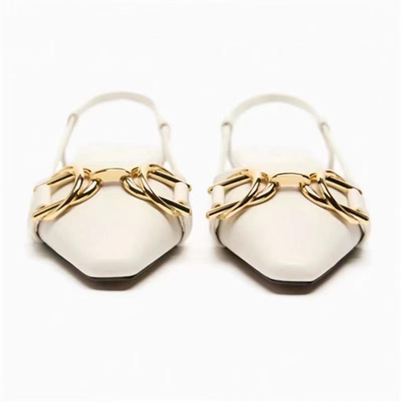 Women Flats Summer Pointed Metal Buckle Decoration Fashion Back Strap Brand Designer Footwear Ladies Shoes