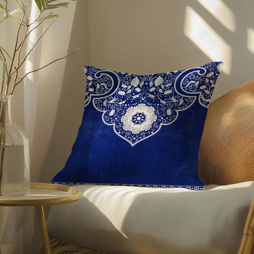 Ethnic Style Blue Floral Pillow Case Silky Elegant Comfort Sofa Bed Invisible Zipper