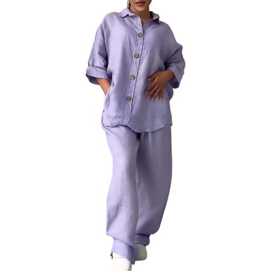 2 stk/sett Damebluse Buksesett Plussstørrelse Revers Langermet Topp Vide Ben Løse Tynne Elastisk Midje Bukser Casual Hjemmeklær Antrekk Daglig Pendling