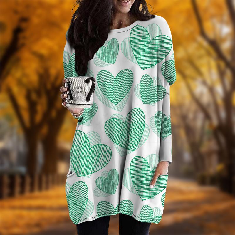 

Новинка осени Модный принт Love Plus Size Dress Женские повседневные платья с круглым вырезом и длинными рукавами с карманами 8XL мятный