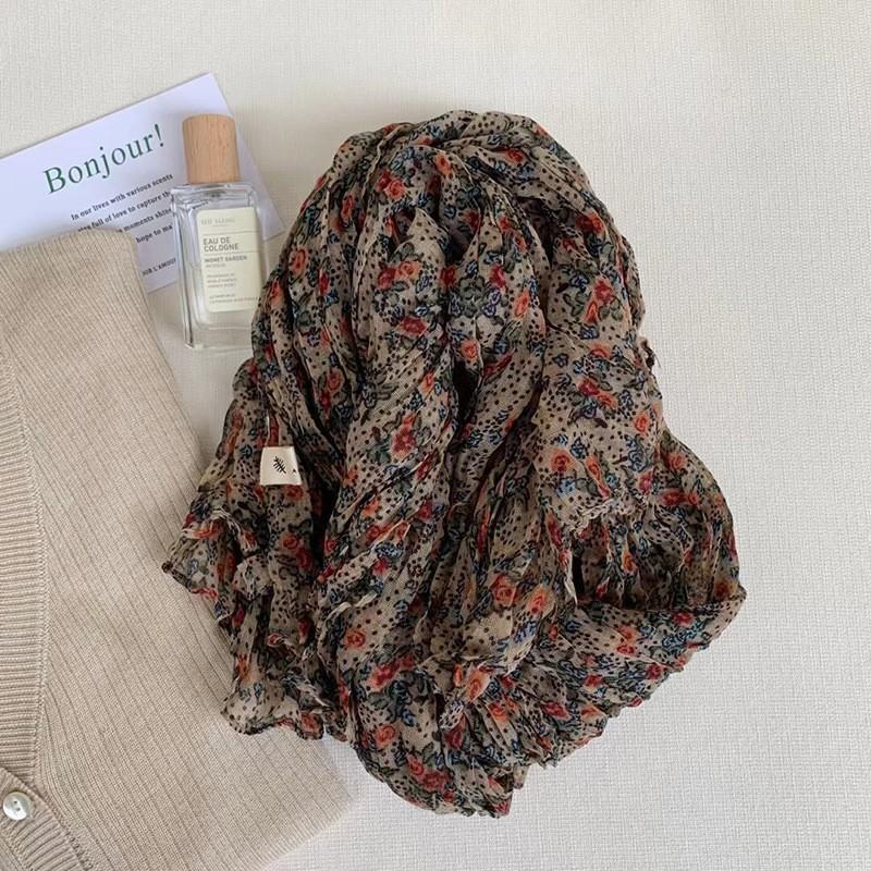 Vintage Cotton and Linen Scarf for Women Autumn and Winter Printed Thin Pleated Scarf Silk Scarf