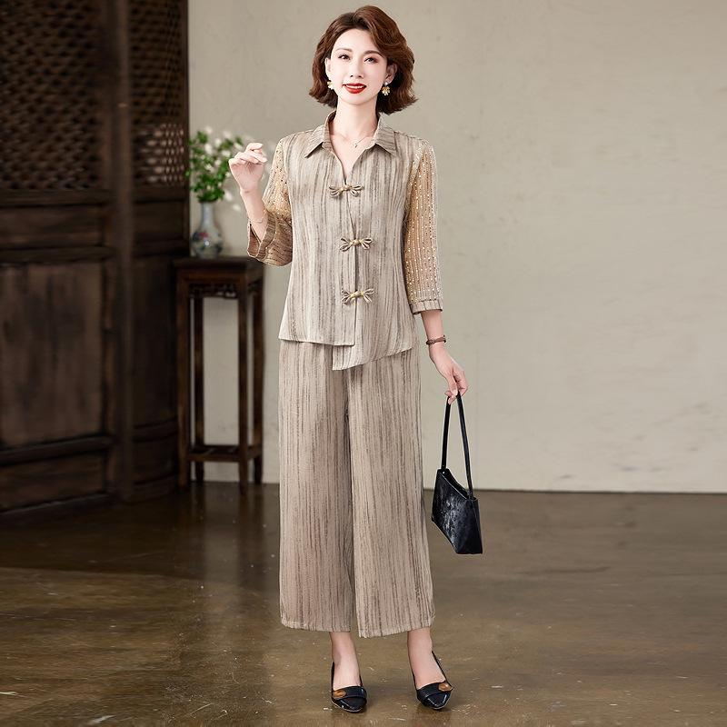 

2026 Stylish Chinese Short-Sleeve Mother s Summer Two-Piece Set - Elegant Fashion for Middle-Aged and Elderly Women 5XL (Recommended 150-165 jins) хакі