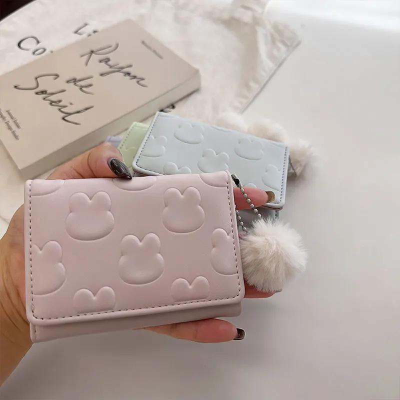 Popular Cute Wallet Foaming Printing Rabbit Coin Purse Hairy Ball Pendant Three Fold Wallet Card Holder Girl Cartoon Clutch