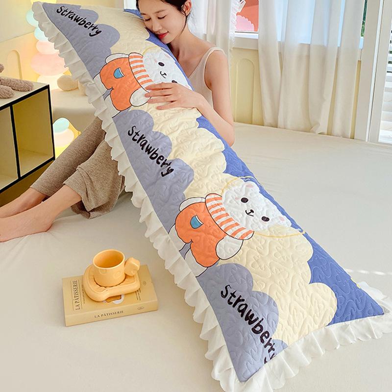 Skin Friendly and Breathable Four Season Cotton Lace Double Pillowcase for Couples Thick and Long Pillow Core Home Bedside Backrest Bedclothes