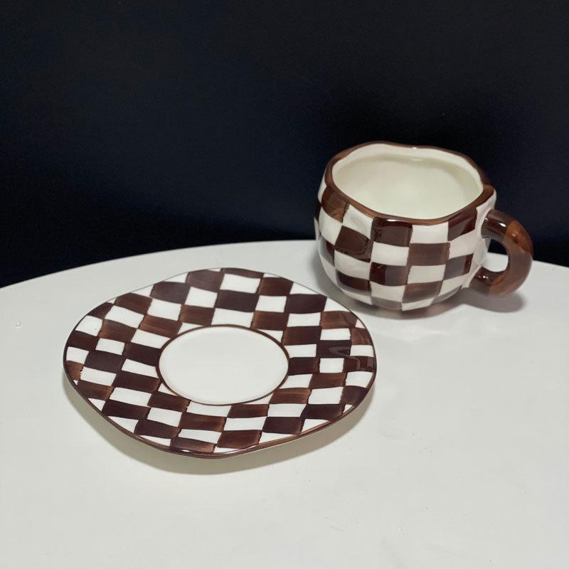 Underglaze Hand-Painted Hand-Pinched Irregular Brown Checkerboard Ceramic Coffee Cup Saucer Exquisite Afternoon Tea Cup Saucer Set