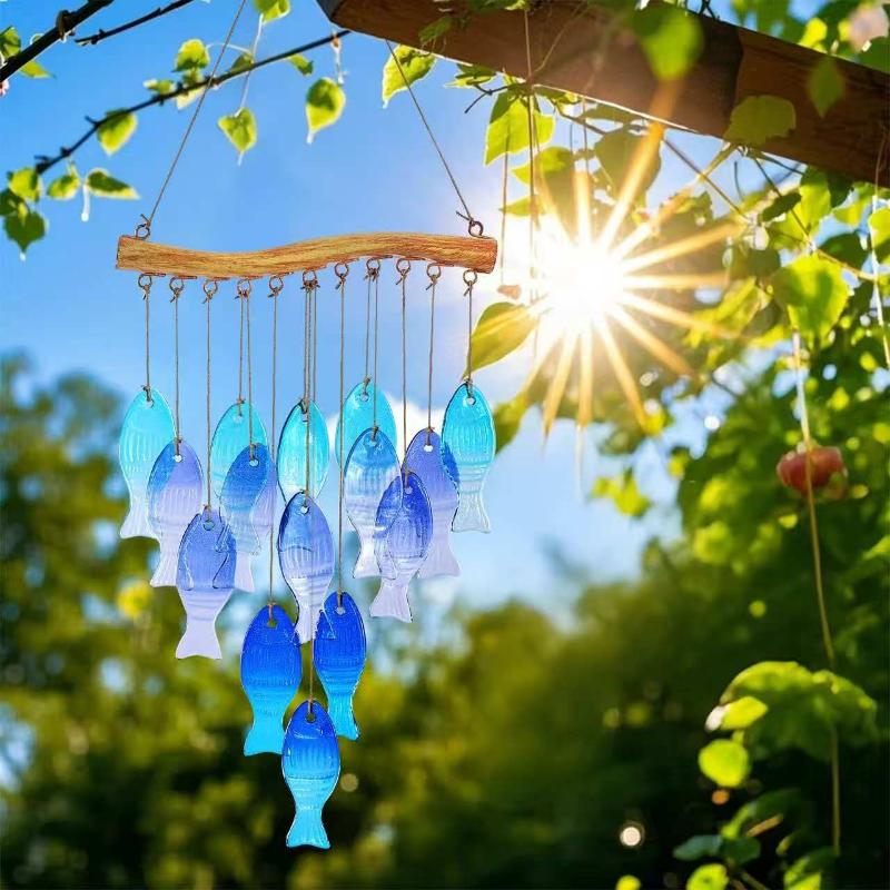 Blue Glass Sea Fish Wind Chimes Outdoor Handmade Chime for Balcony Garden Patio Unique Decor