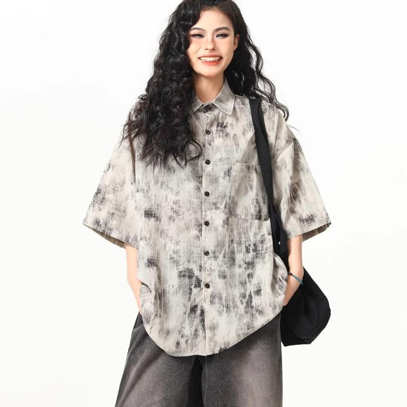 Loose Short Sleeved Thin Women's Shirt Retro Casual Summer Turn-down Collar Blouses Full Print Versatile Top with Pocket