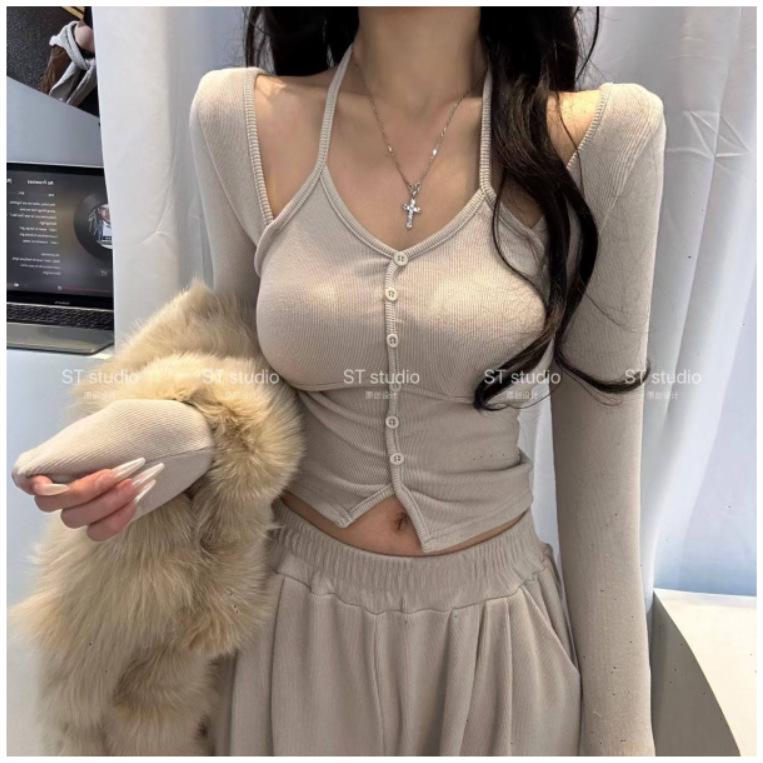 

2025 Trendy Autumn Winter Stylish Versatile Long Sleeve Two-Piece Base Shirt for Women XL абрикосовий