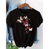 European Size Women'S Sleeve T-Shirt with Vibrant Butterfly & Floral Letter Print - Casual Crew Neck, Spring