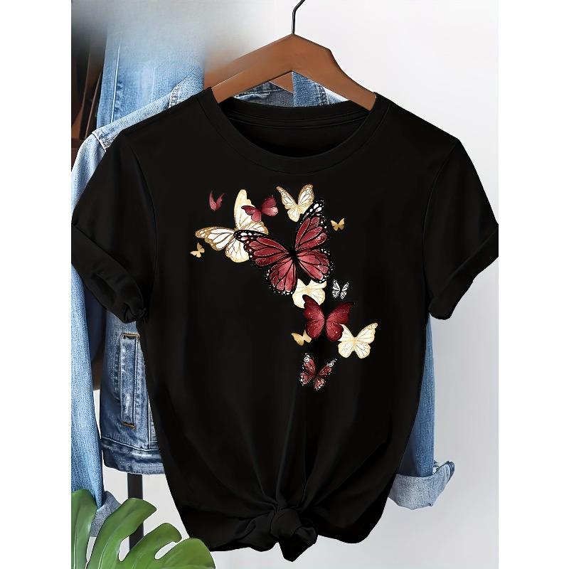 European Size Women'S Sleeve T-Shirt with Vibrant Butterfly & Floral Letter Print - Casual Crew Neck, Spring