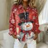 Women's Christmas Printed Button Up Long Sleeved Casual Regular Shirt With Collar Top
