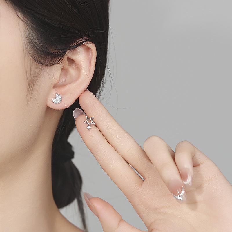 Star Moon Earrings Women'S 2026 Simple Fashion Zircon Asymmetrical Star Moon Earrings Earrings