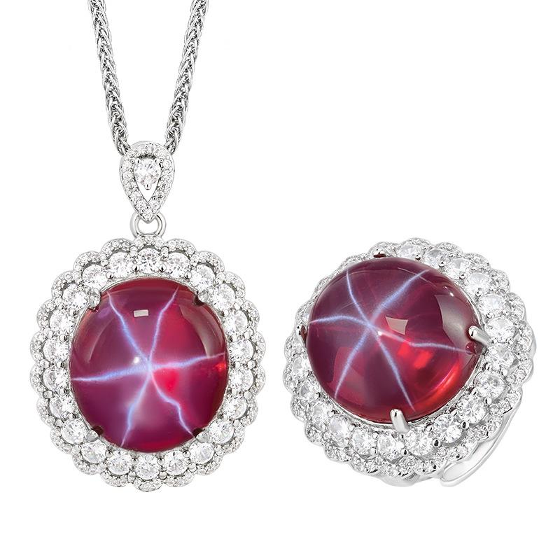 Popular Jewelry Ice Species Fluorescence Simulation Red Corundum Hexagram Star Light Set Main Stone 18 * 20