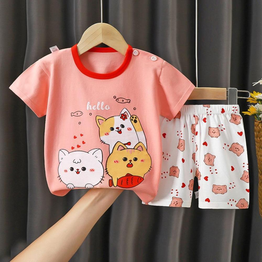 New Kids Boys Girls Summer Pajamas Cute Cartoon Print Short Sleeve T-Shirt Tops with Shorts Toddler Baby Clothing Sets