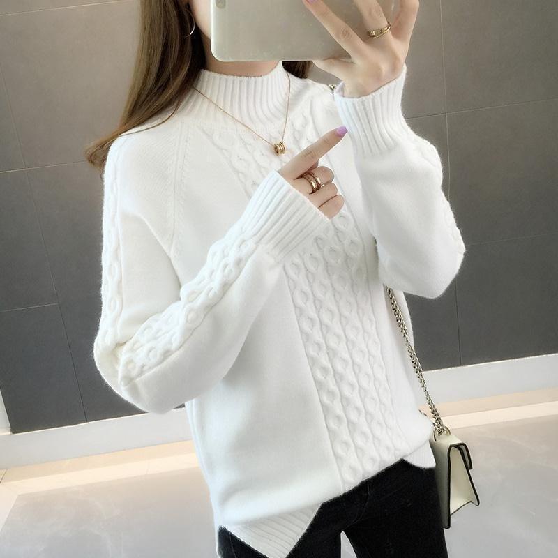 Women's Semi High Neck Sweater Loose Mid Neck for Autumn and Winter Stylish and Thick Sweater