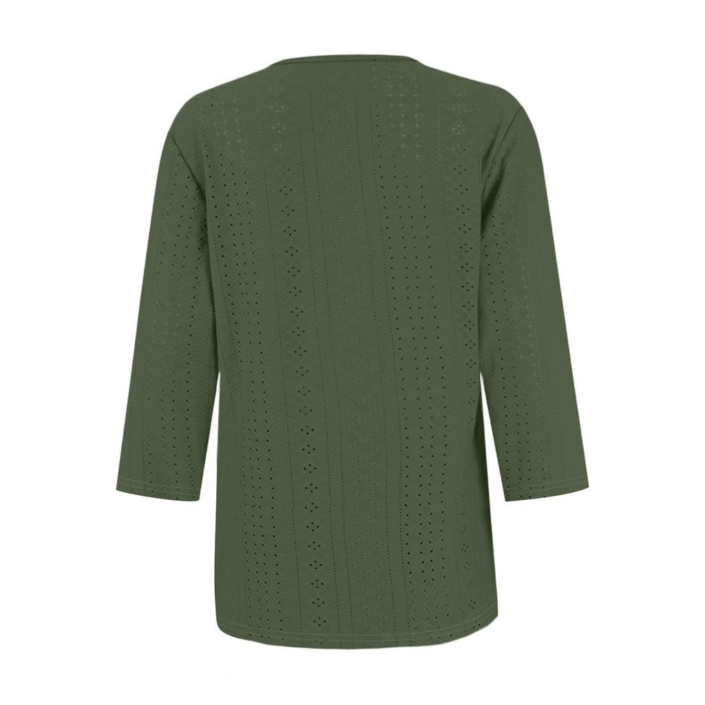 T-skjorte for kvinner T-skjorte med knapp 3/4 ermer Daglig helgmote Basic V-hals vanlig topp