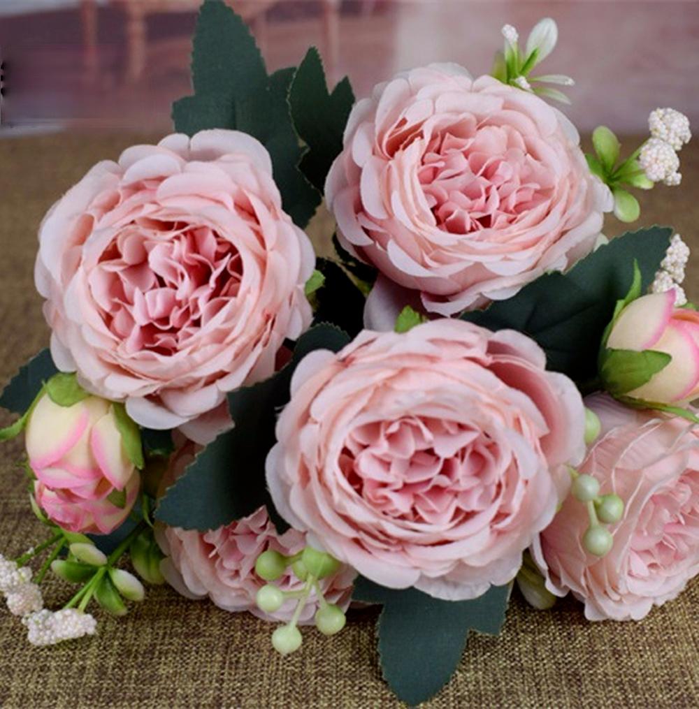 High Quality Artificial Flowers Peony White Pink Rose Bouquet Home Wedding Decoration Fake Flowers Craft Living Room Arrangement