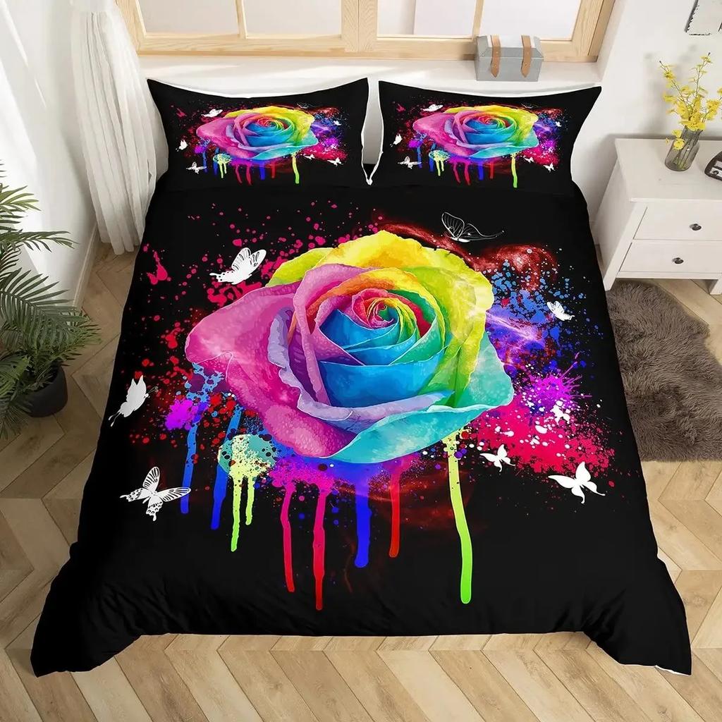 Girls Rainbow Rose Duvet Cover Set Colorful Rose Floral Bright Flowers Petal Comforter Cover Garden Fresh Bedding Sets Full Size