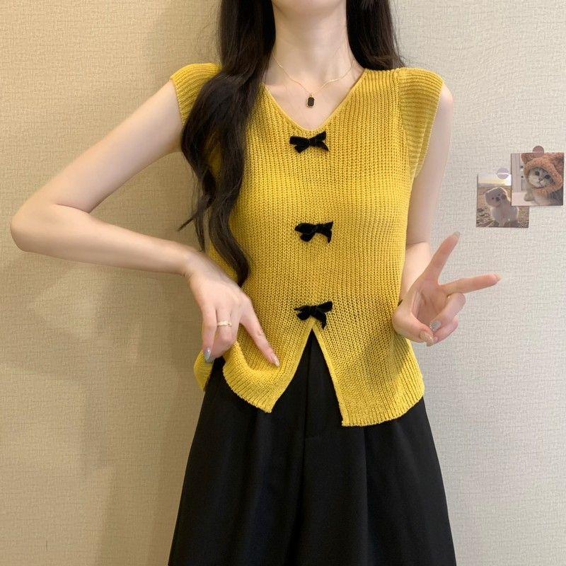 

Футболка с короткими рукавами из тонкого трикотажа с бантом для женщин, летний дизайн с разрезом и легким базовым топом One size жёлтый