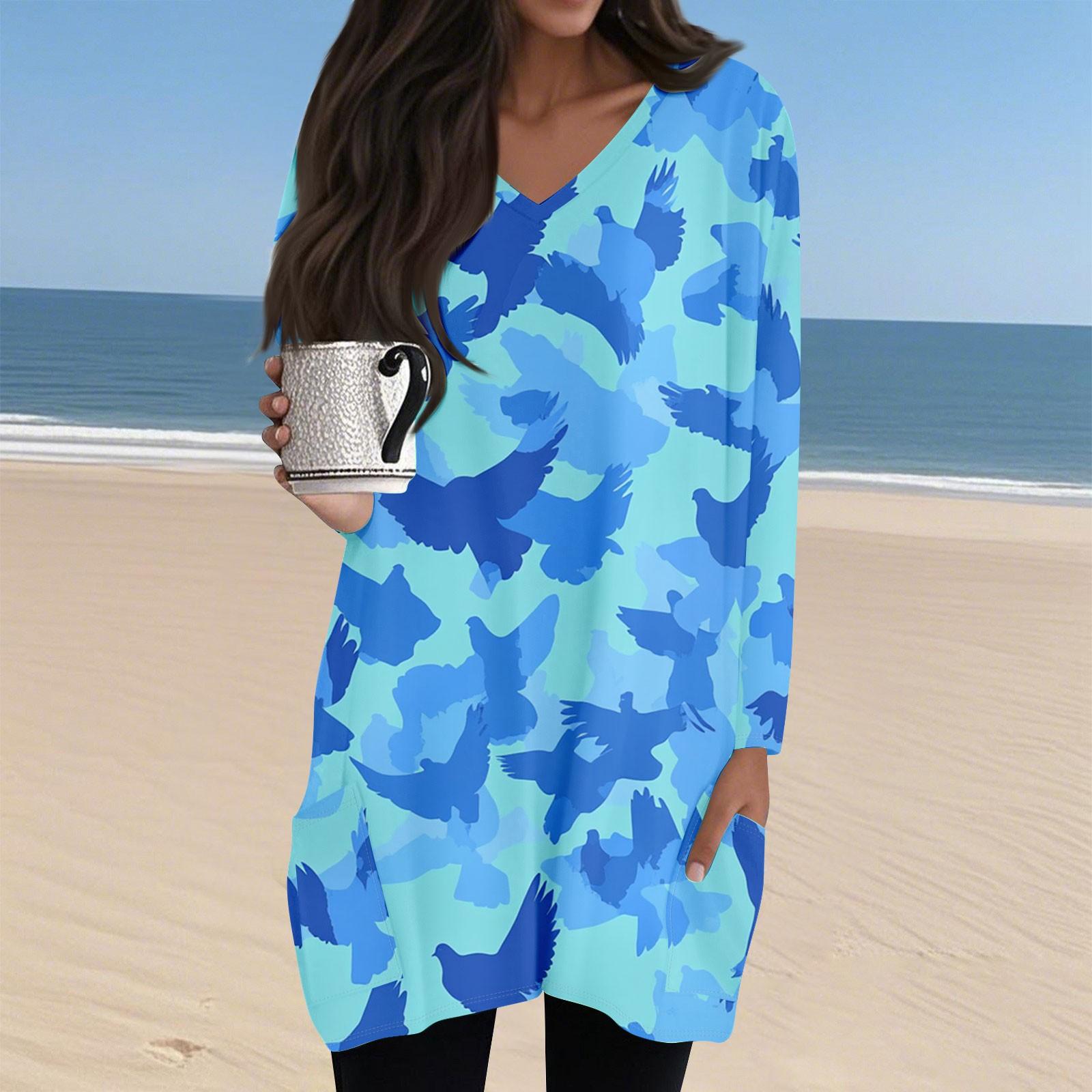 

Женский повседневный и модный топ с V-образным вырезом, цветочным принтом, средней длины, с карманом и длинными рукавами XXL синий