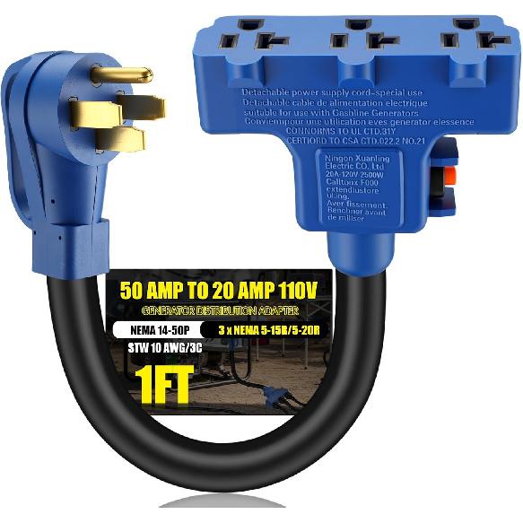 Kanayu Overload Protector 30 Amp to 110V RV Generator Distribution Adapter Cord Compatible with NEMA TT-30P to 3X 5-15R/5-20R, 30A to 15/20A,
