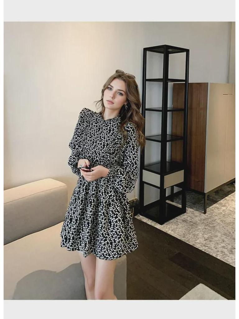 2024 Women's French Retro Floral Tea Dress: Spring/Autumn, Waist Slim, Long Sleeve