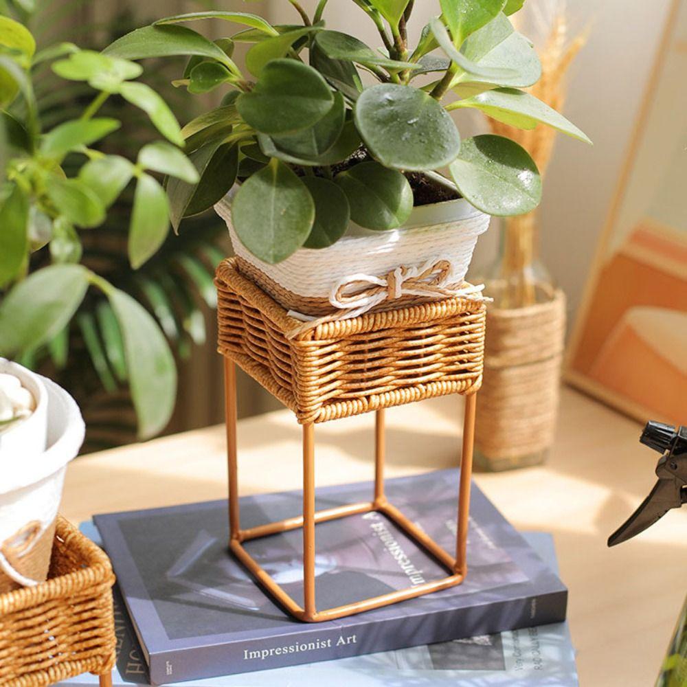 Mini Imitasjon Rattan Blomsterpotte Stativ Utstillingsskap Plantepotte Dekorativ