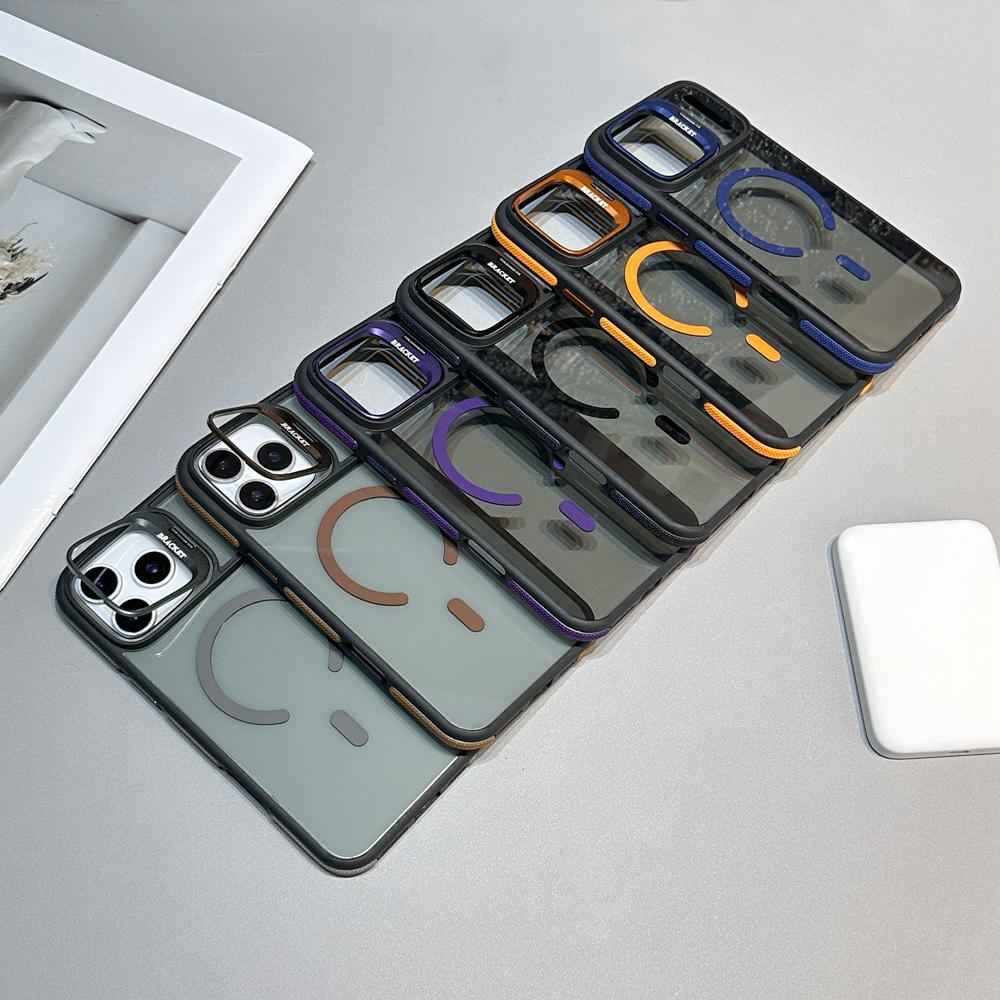 KEYSION Transparent Magnetic Lens Stand Case for MagSafe for iPhone 17 Pro Max Air TPU+PC Color Blocking Shockproof Phone Cover