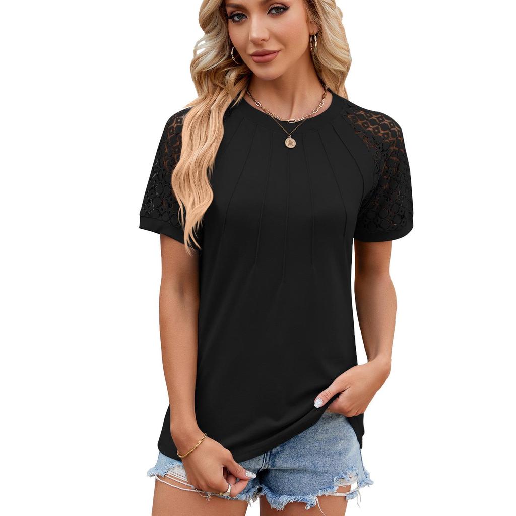 2024 Spring/Summer Women's Solid Color Lace-Trimmed Short-Sleeve T-Shirt
