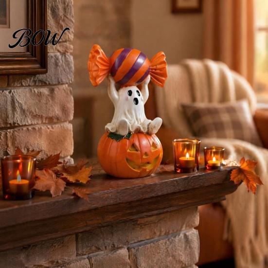 Halloween Party Supplies Ghost Figurine, Cute Sitting on Pumpkin Holding Candy Whimsical Statue Statue, Spooky Resin Table Ornament for Indoor Mantle
