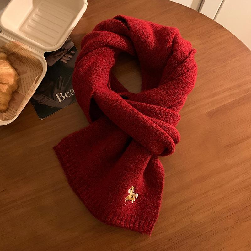New Embroidered Pony Knitted Wool Scarf Women's Autumn and Winter Korean Version Versatile Small Fresh Couple Scarf Men