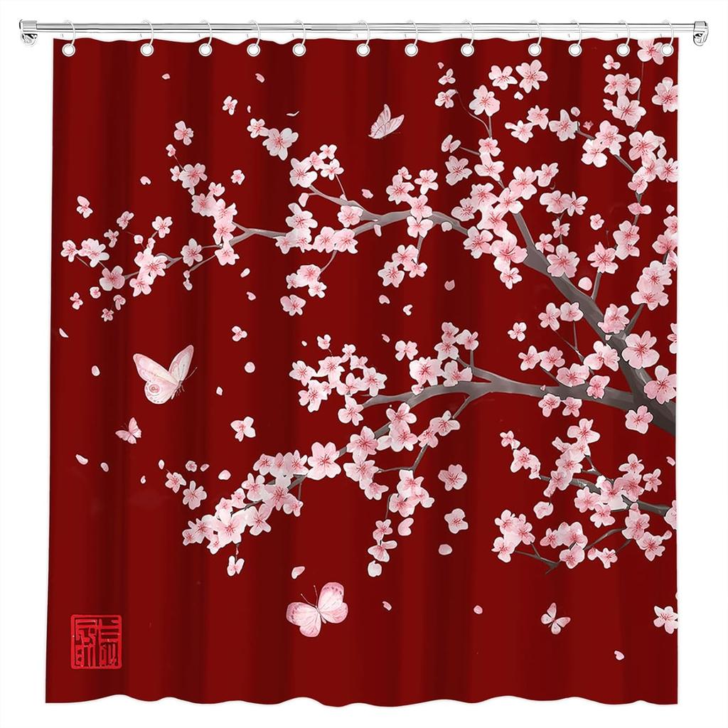 Cherry Blossom Shower Curtain Pink Plum Floral with Butterfly Flower Japanese Asian Watercolor Cute Branch Scenery Wildflower