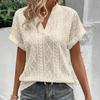Ny dame V-hals Løs Casual Sommer Kortarmet Hul Jakkardskjorte