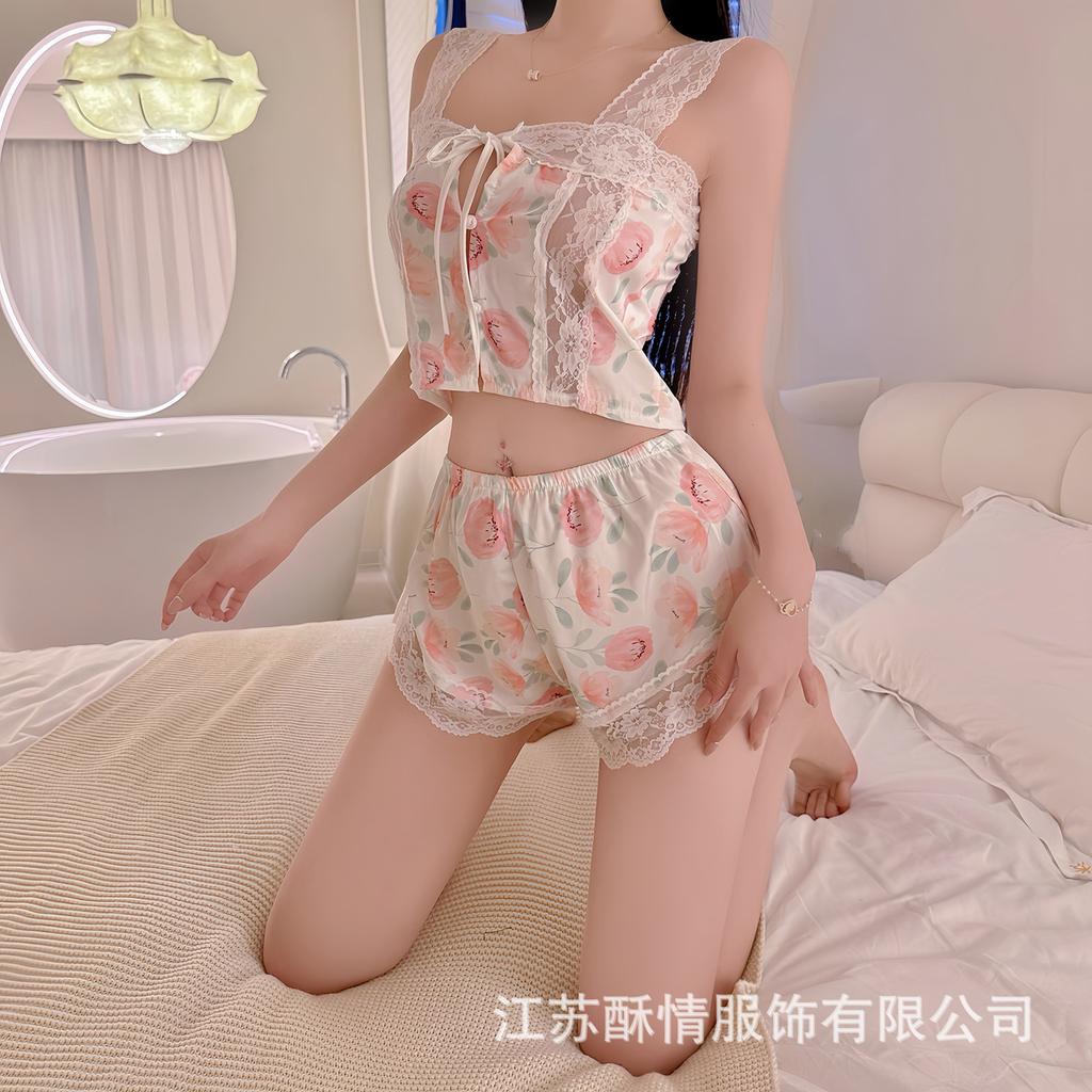 Crispy Sexy Sweet and Spicy Women's Summer Ice Silk Thin Pure Desire Suspender Shorts Two-piece Set Lace Temptation Set
