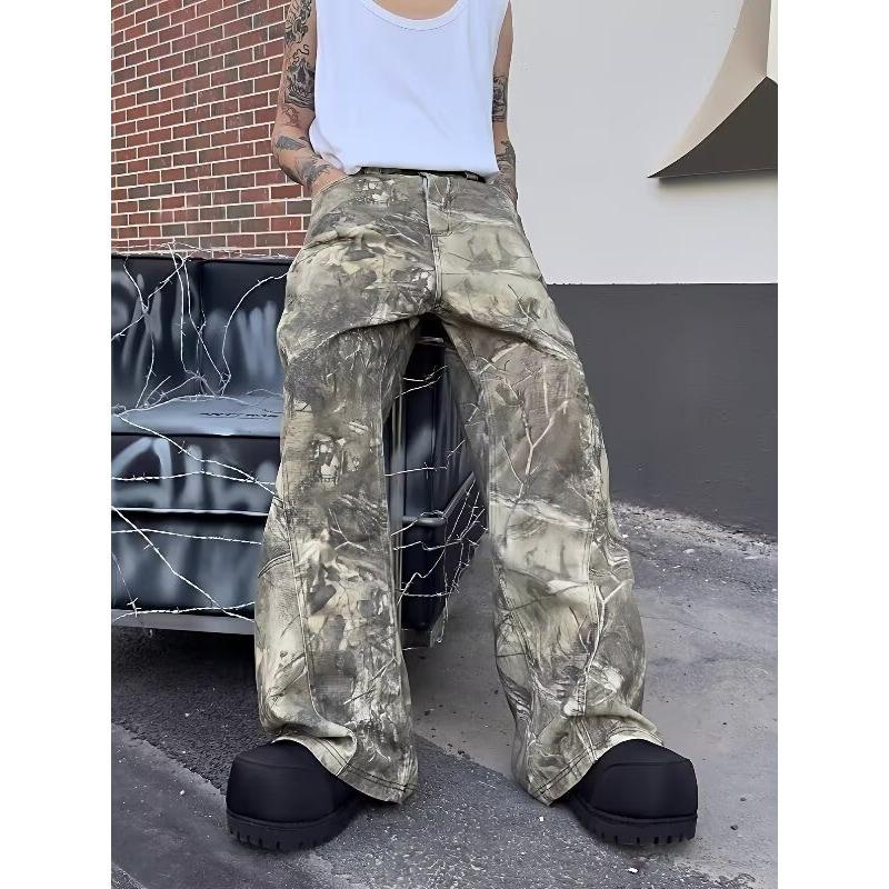 American Retro Snake Branch Camouflage Jeans Washed Retro Vintage Loose Wide Leg Casual Trousers Tide