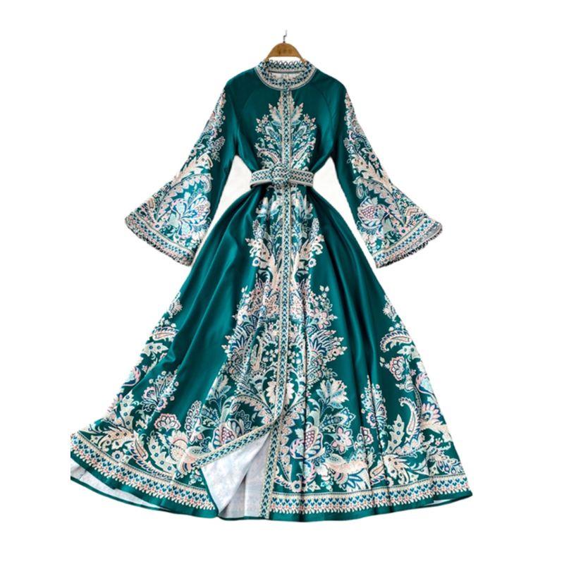 Spring Clothing New Arrival Retro Print Stand-up Collar Flared Sleeves Dress Women's Single-Breasted Large Hem Asymmetrical Pleated Long Skirt