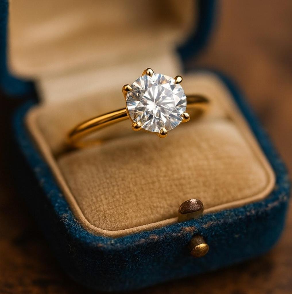 Round Cut Moissanite Engagement Ring – Yellow Gold Plated Solitaire Wedding Band, Classic Anniversary Ring, Promise Ring Jewelry Gift for Women