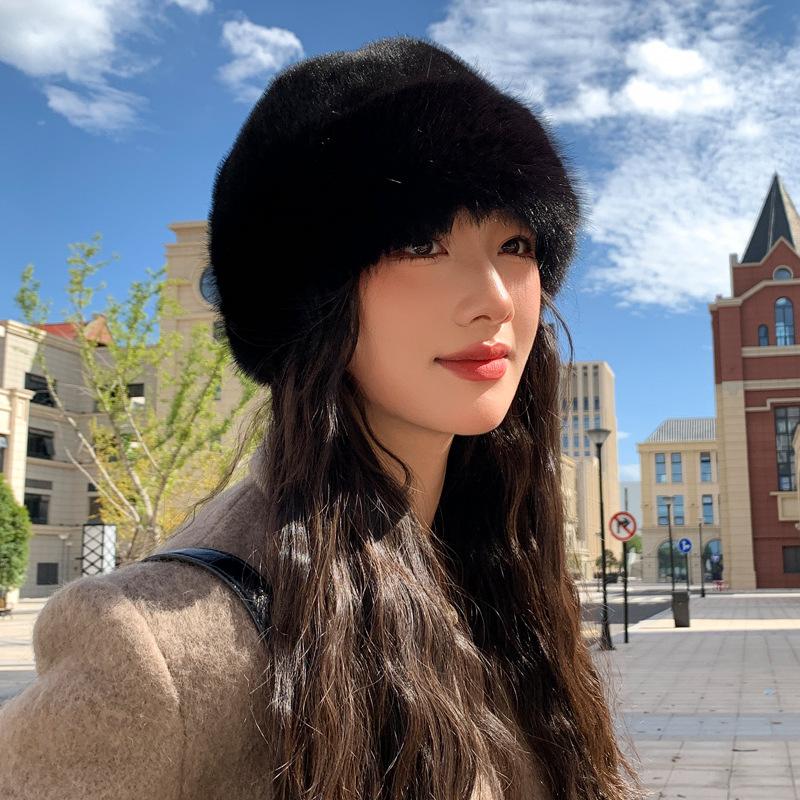 Autumn and Winter Hat Women's Solid Color Versatile Imitation Mink Mongolian Hat Winter Imitation Fur Warm Bucket Hat Thick