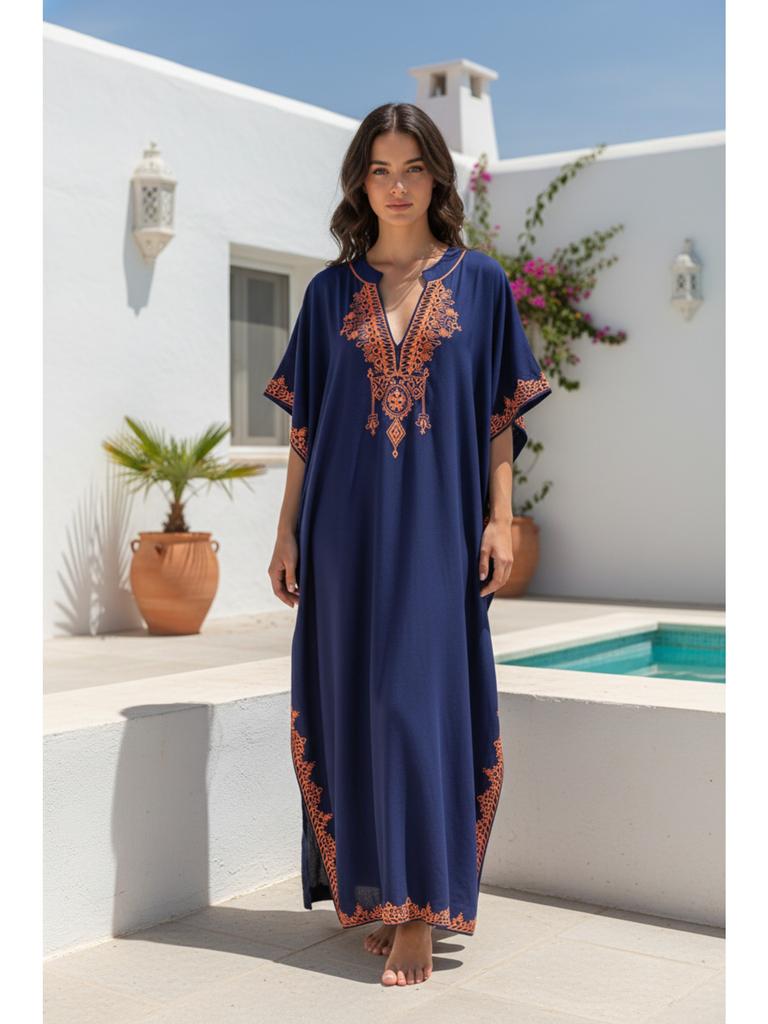 Womens Boho Embroidered V Neck Kaftan Dress Loose Fit Elegant Loungewear Beach Cover Up for Summer Resort Wear Q1545-23001
