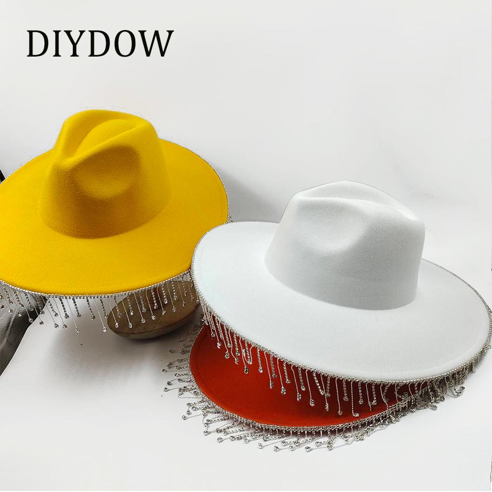 Women Rhinestone Tassel Decor Wide Brim White Fedora Hat For Party Cap Handmade Rhinestone Fringe Cowgirl Hat Wholesale