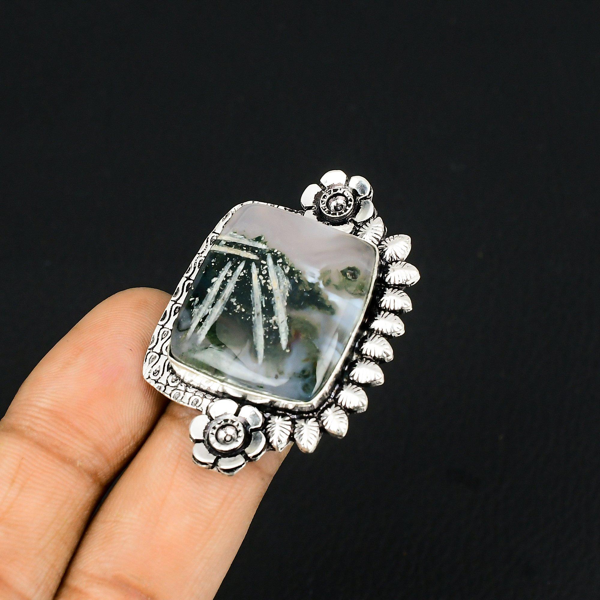 

Natural Solar Moss Agate Gemstone Stackable Flower Ring Size 7.5 925 Silver 7.5
